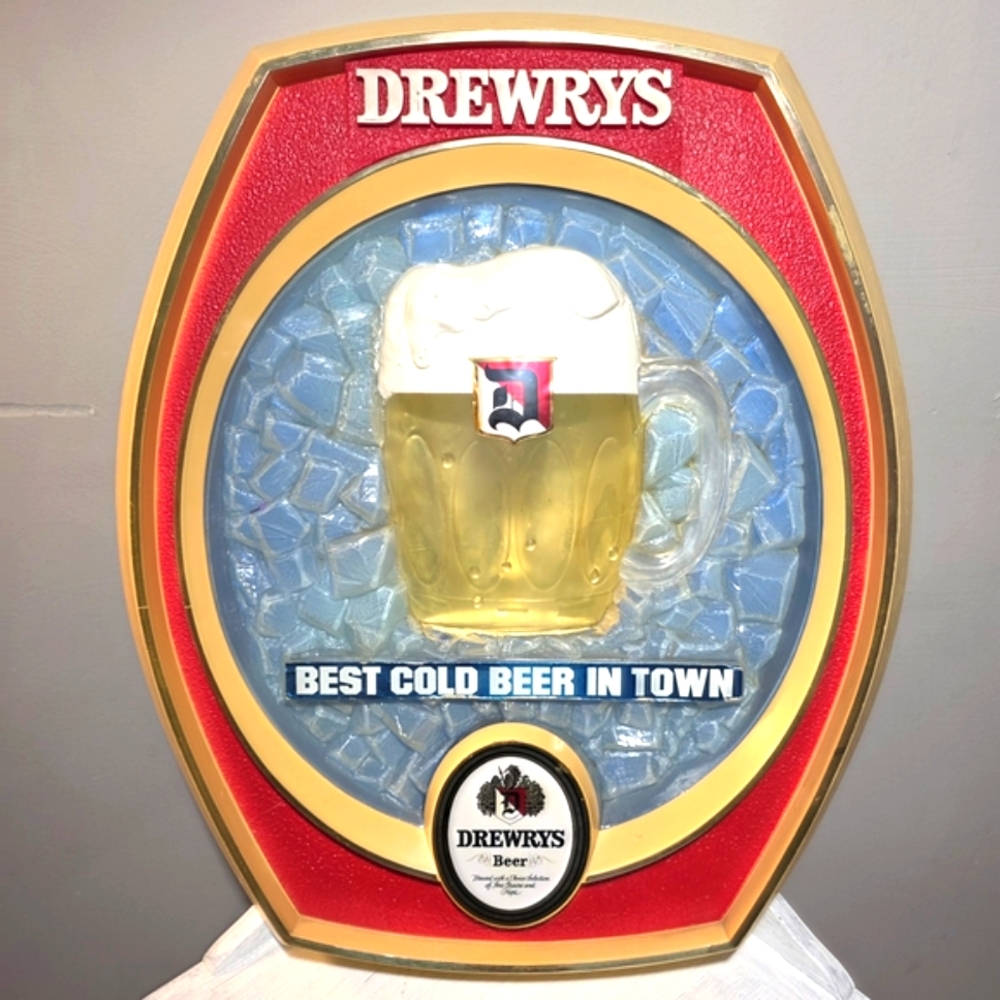 Vintage Drewrys "Best Cold Beer in Town" 3D Plastic Bar Sign by Thomas A. Schutz